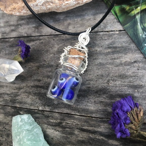 Evil Eye Protection Bottle Necklace Wire Wrapped - in Silver Wire - Picture 3 of 10